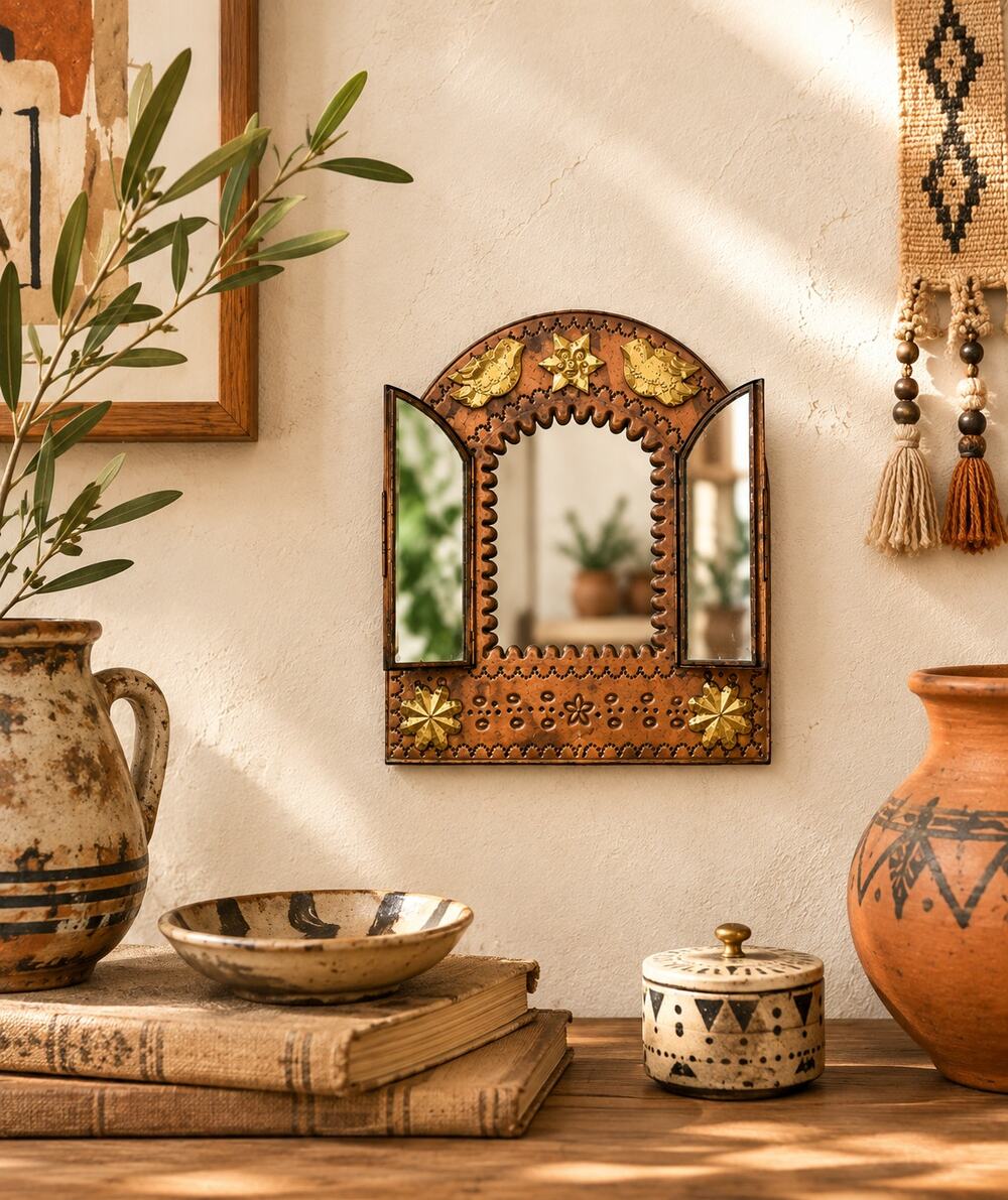 VTG Punched Tin Arched Wall Mirror Brass Birds Southwest Santa Fe Boho Folk Art